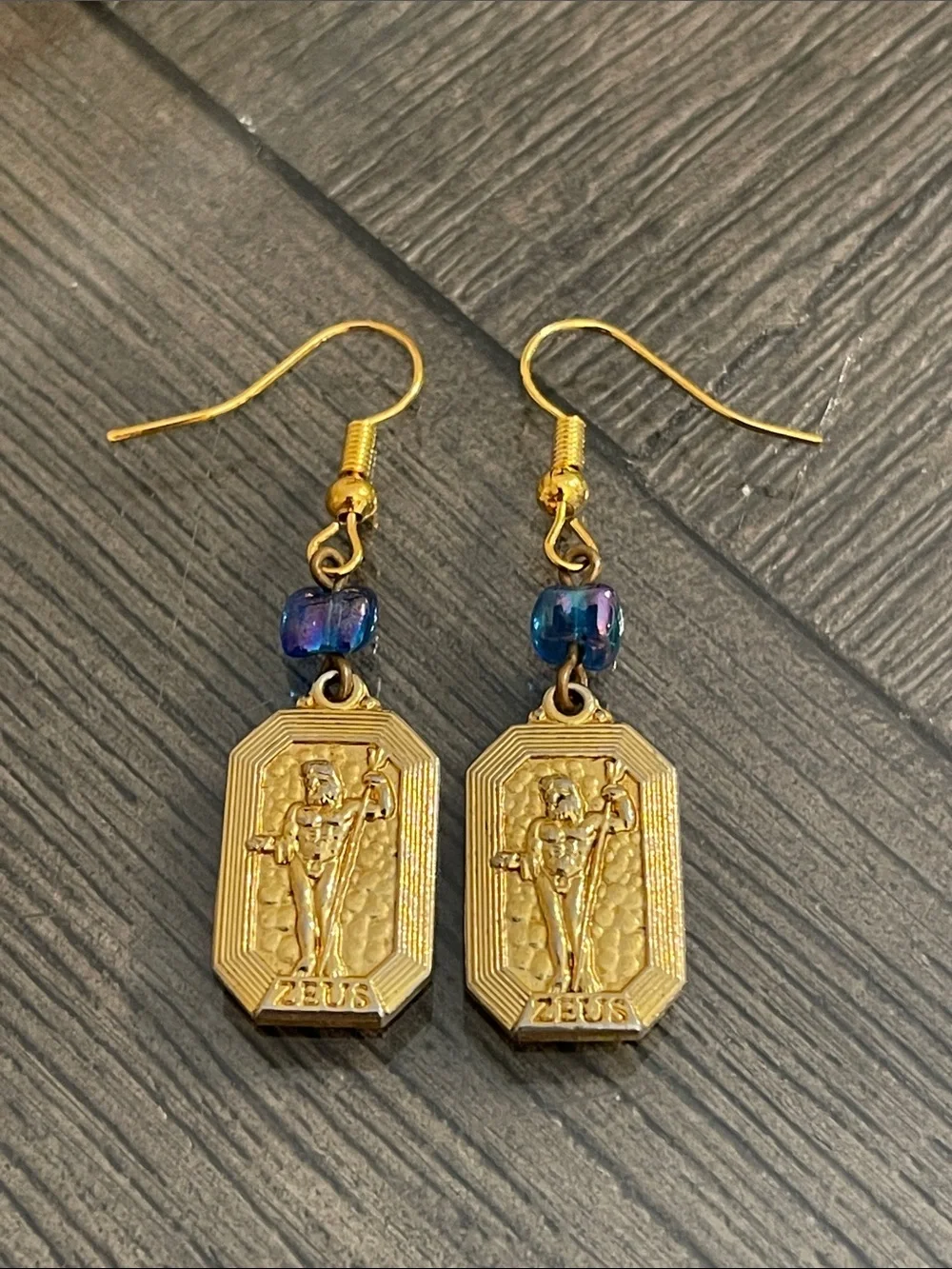 Vintage Gold-tone Rectangular Zeus Medallion Dangle Earrings